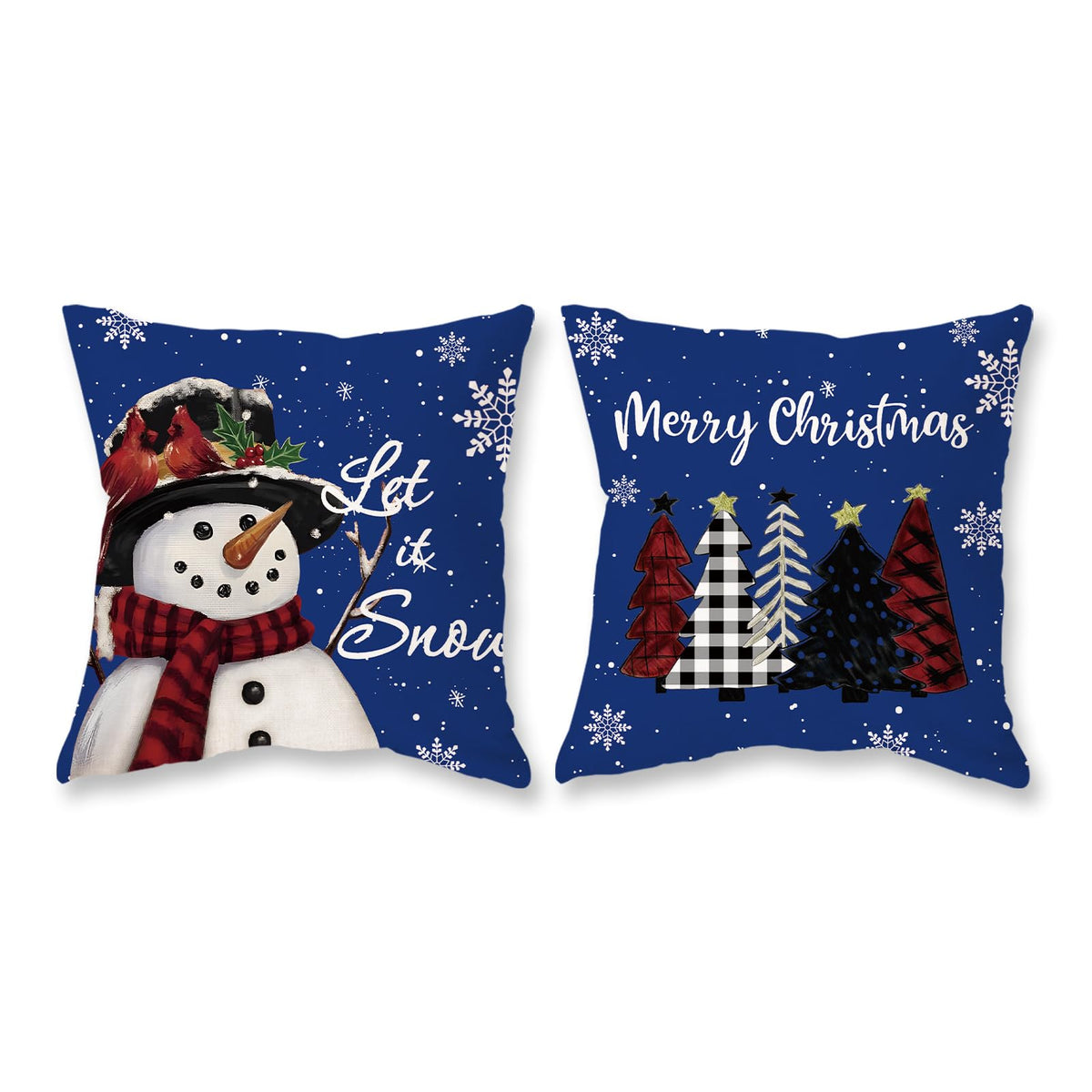 Christmas Pillow Covers 18x18 Set of 2 Let it Snow Snowman Christmas Trees Xmas Blue