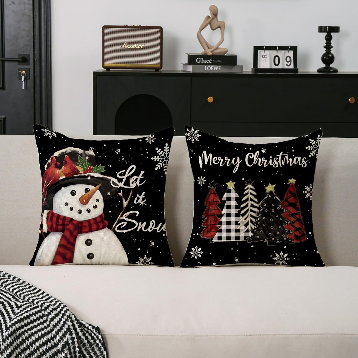 Christmas Pillow Covers 18x18 Set of 2 Let it Snow Snowman Christmas Trees Xmas Black