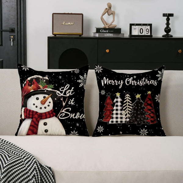 Christmas Pillow Covers 18x18 Set of 2 Let it Snow Snowman Christmas Trees Xmas Black