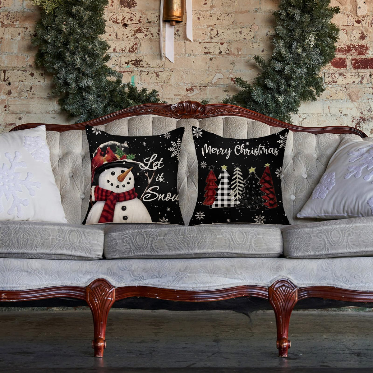 Christmas Pillow Covers 18x18 Set of 2 Let it Snow Snowman Christmas Trees Xmas Black