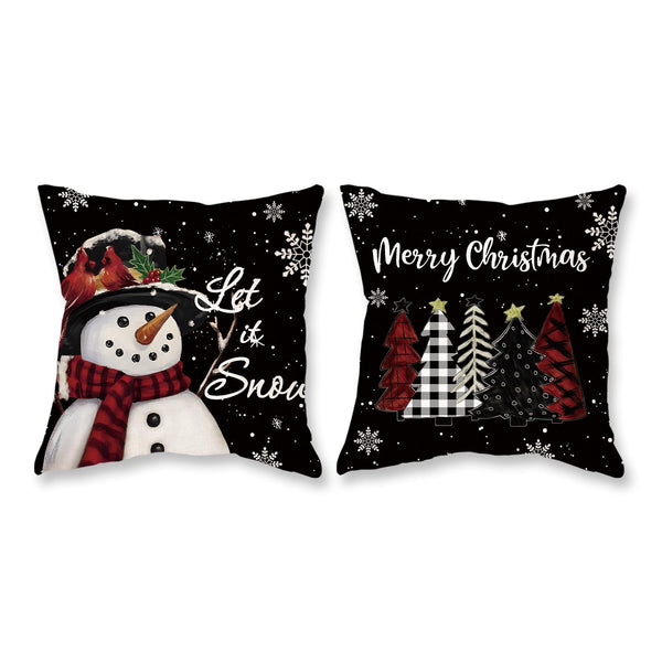 Christmas Pillow Covers 18x18 Set of 2 Let it Snow Snowman Christmas Trees Xmas Black