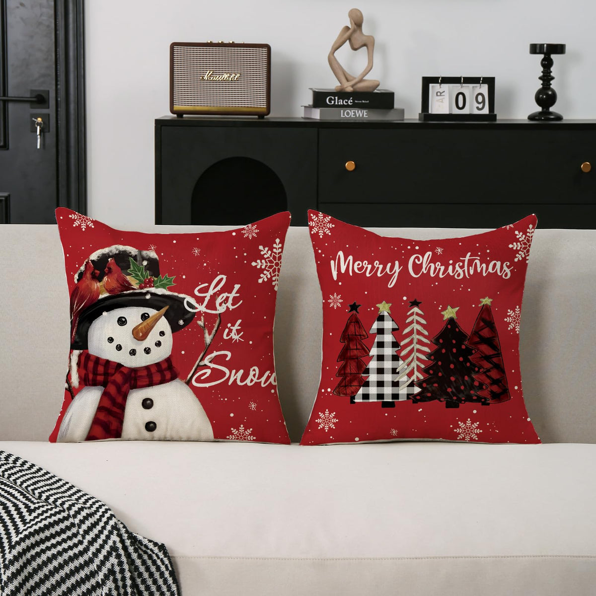 Christmas Pillow Covers 18x18 Set of 2 Let it Snow Snowman Christmas Trees Xmas Throw Cushion Cases