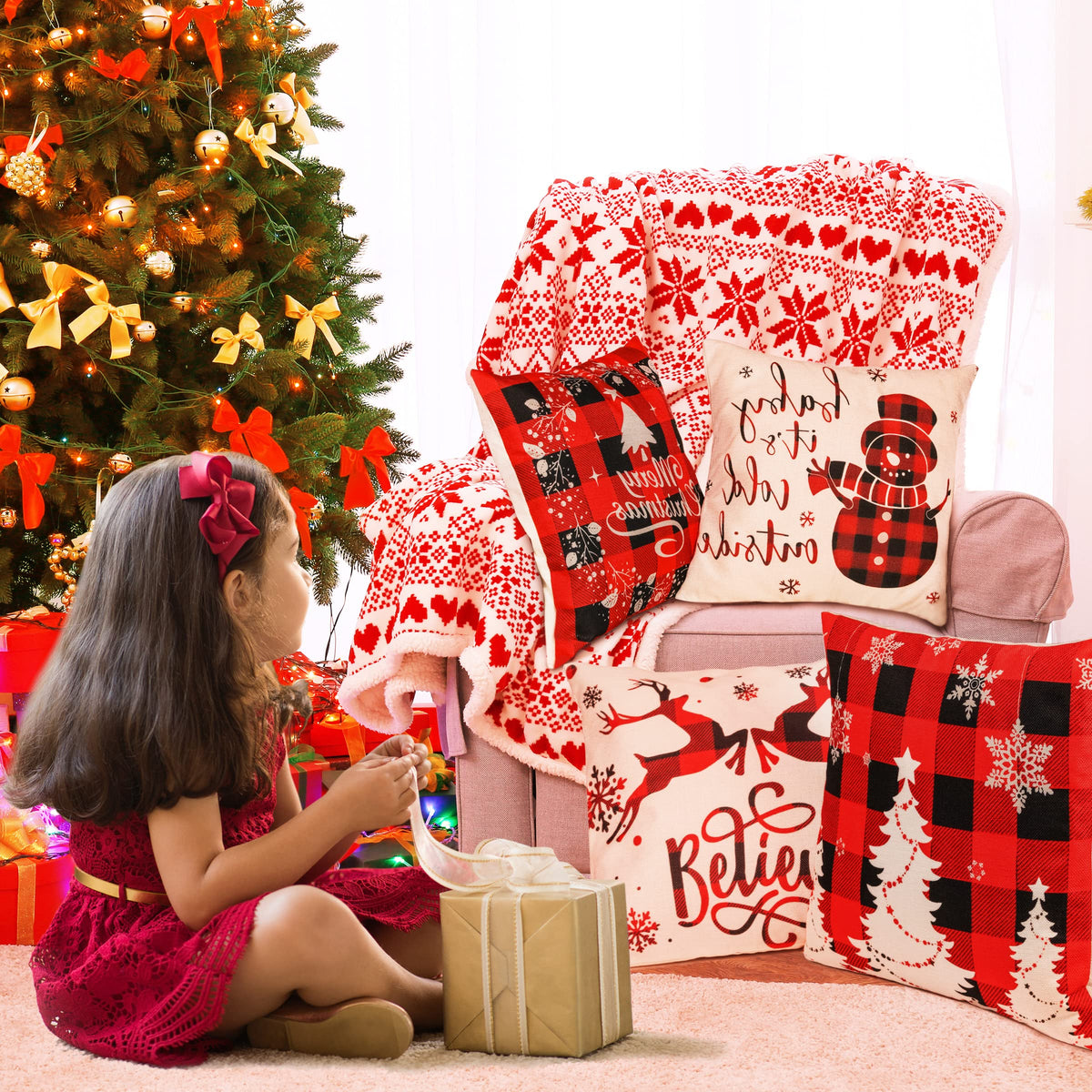 Farmhouse Christmas Pillow Covers - 18x18 Inch Set of 4, Sofa Couch Decorations