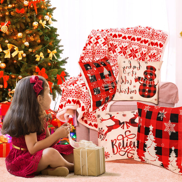 Farmhouse Christmas Pillow Covers - 18x18 Inch Set of 4, Sofa Couch Decorations
