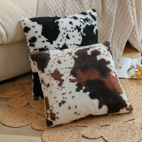 Cowhide Animal Black White and Brown Velvet Throw Pillow Covers 18x18 Set of 2