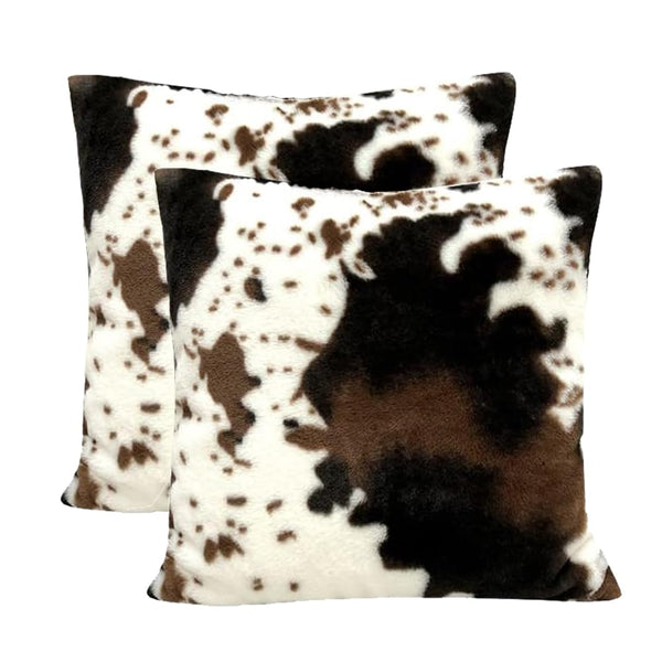 Cowhide Animal Black White and Brown Velvet Throw Pillow Covers 18x18 Set of 2