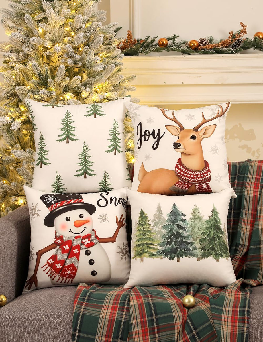 Christmas Decorations, Single Sided Plaid Throw Pillow Covers 18x18 Inches Set of 4, Christmas Tree, Snowflakes