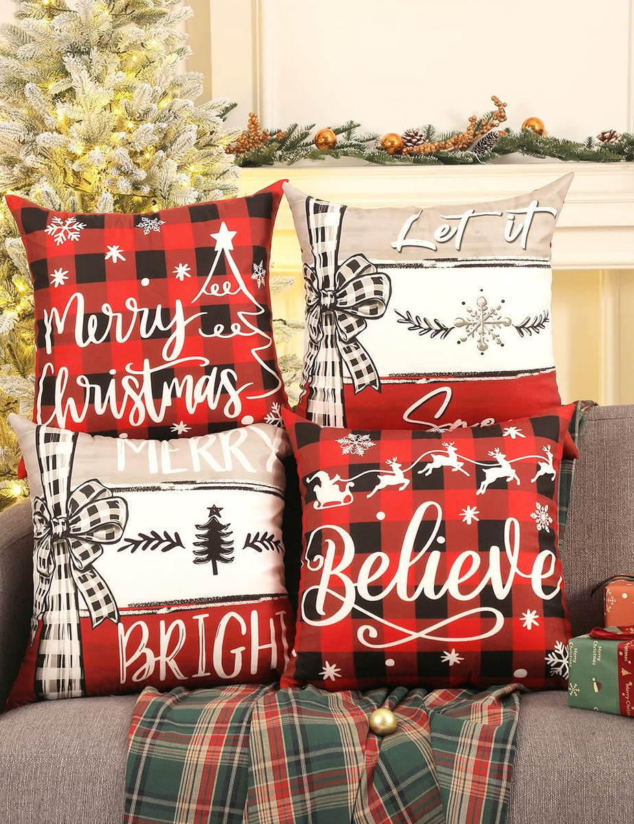 Velvet Christmas Decorations, Single Sided Throw Pillow Covers 18x18 Inches Set of 4