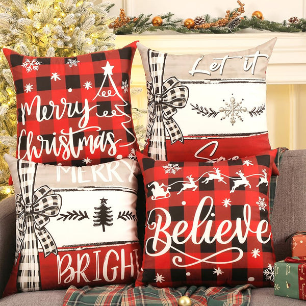 Throw Pillow Covers 18x18 Inches Set of 4, Christmas Tree, Snowflakes, Merry Christmas, Snowman Reindeer