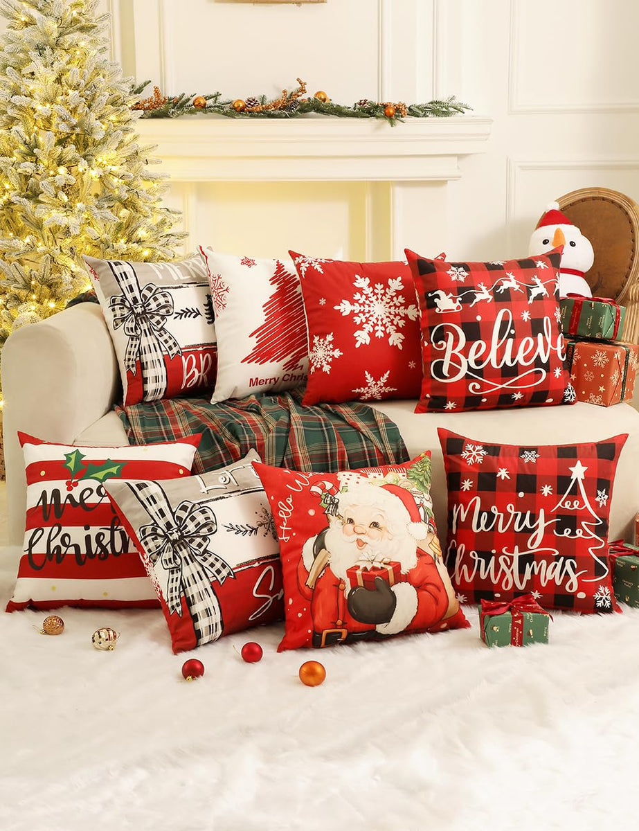 Throw Pillow Covers 18x18 Inches Set of 4, Christmas Tree, Snowflakes, Merry Christmas, Snowman Reindeer