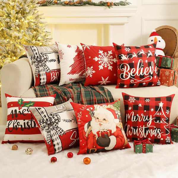 Throw Pillow Covers 18x18 Inches Set of 4, Christmas Tree, Snowflakes, Merry Christmas, Snowman Reindeer