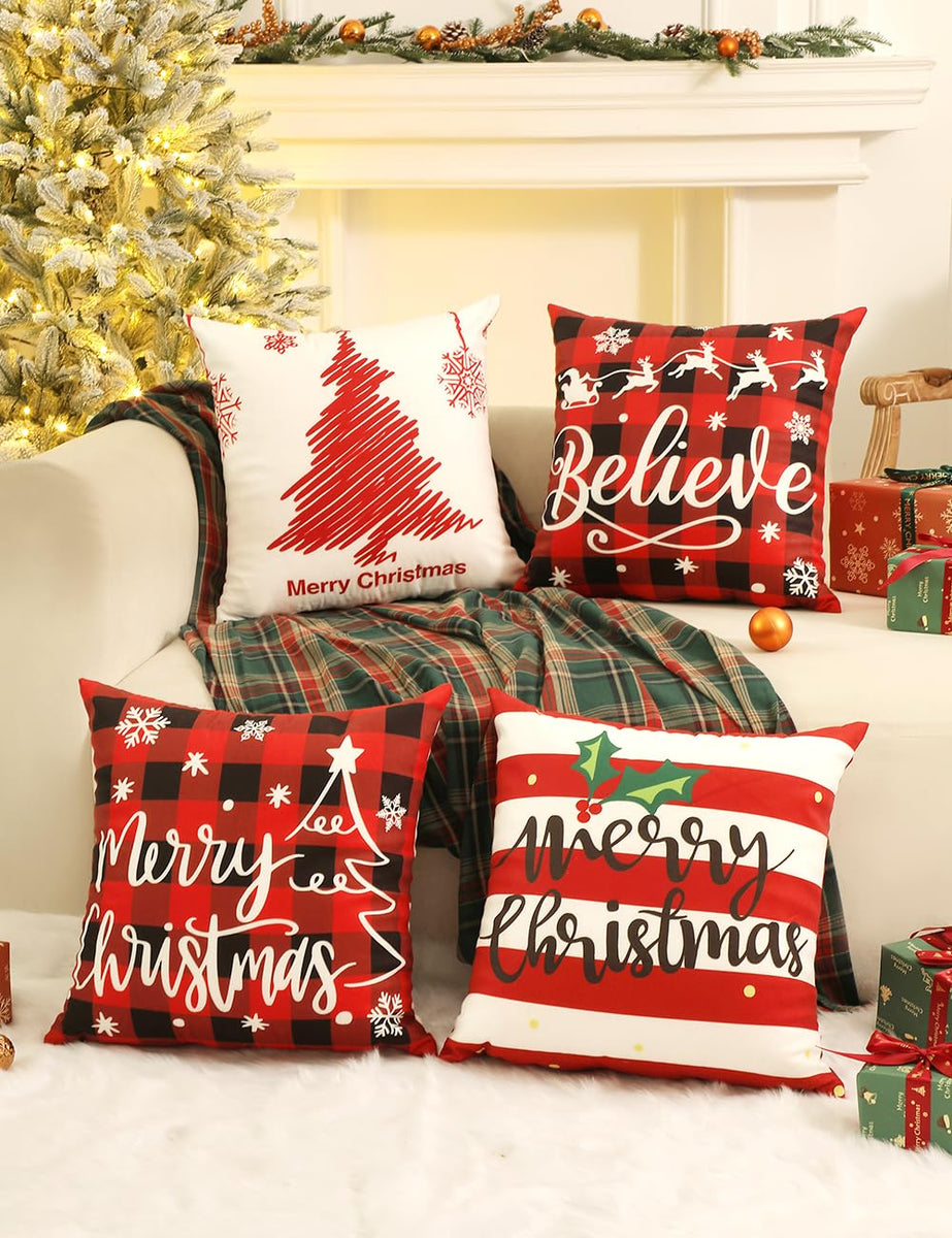Throw Pillow Covers 18x18 Inches Set of 4, Christmas Tree, Snowflakes, Merry Christmas, Snowman Reindeer