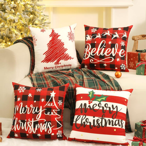 Throw Pillow Covers 18x18 Inches Set of 4, Christmas Tree, Snowflakes, Merry Christmas, Snowman Reindeer