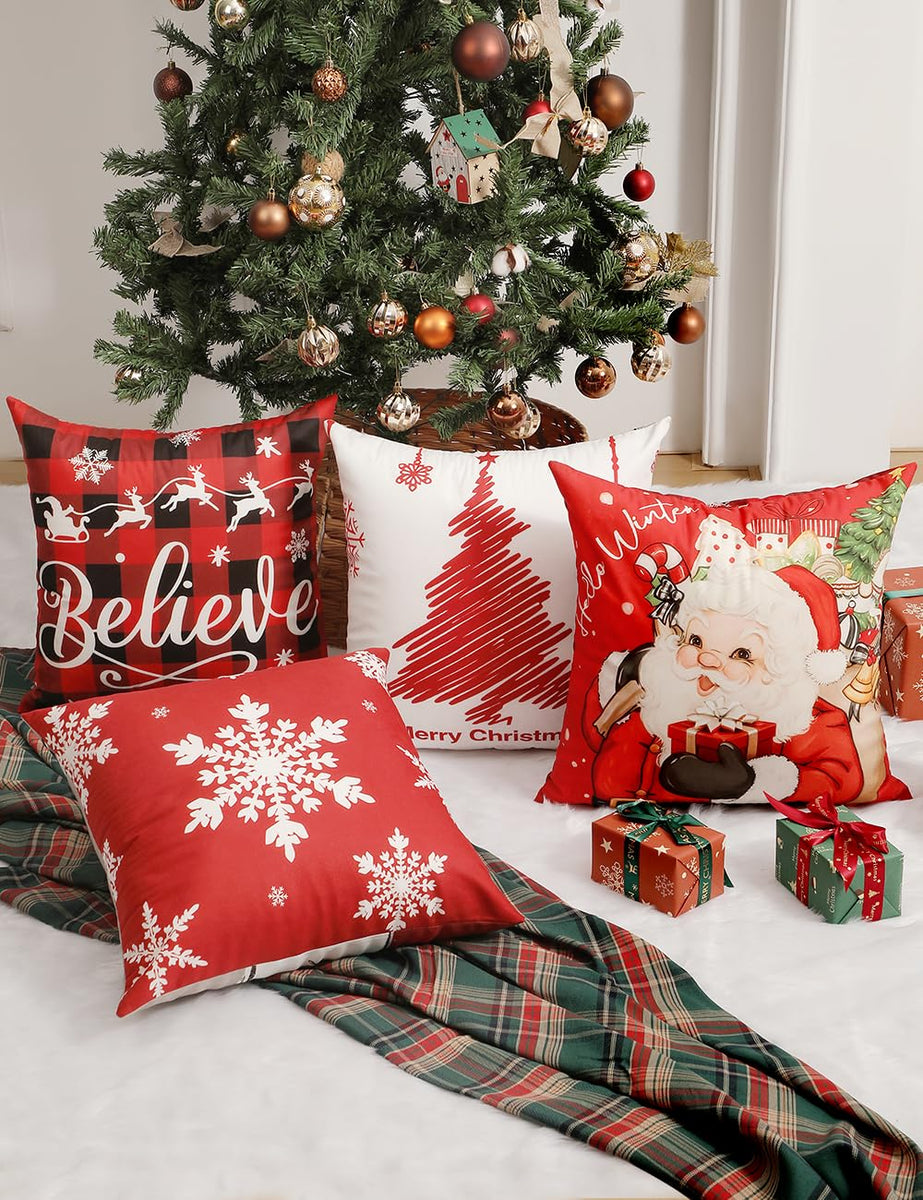 Throw Pillow Covers 18x18 Inches Set of 4, Christmas Tree, Snowflakes, Merry Christmas, Snowman Reindeer