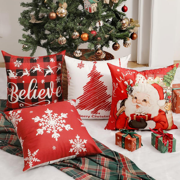 Throw Pillow Covers 18x18 Inches Set of 4, Christmas Tree, Snowflakes, Merry Christmas, Snowman Reindeer