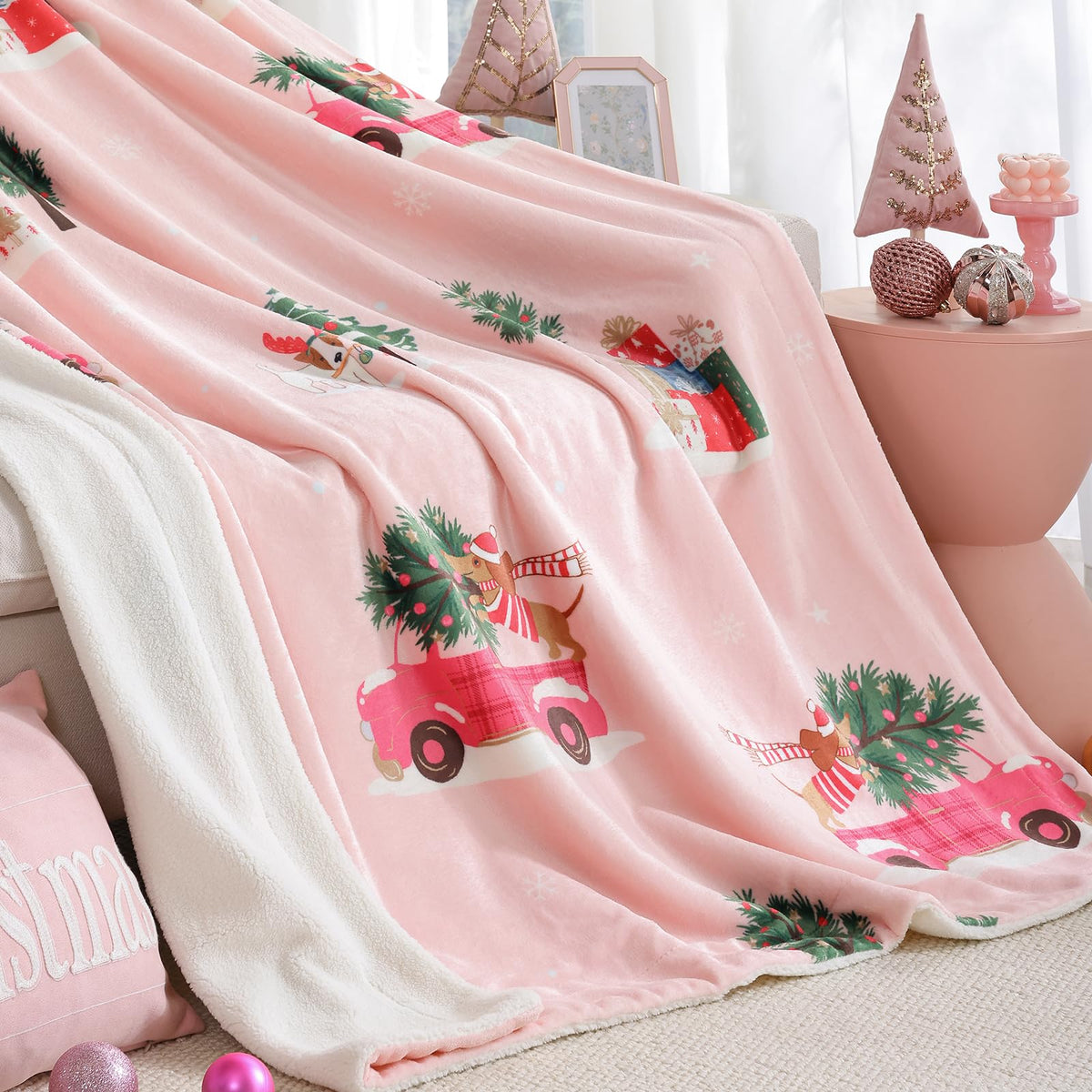 Christmas Throw Blanket 50x60 - Cozy Fluffy Sherpa Fleece Blanket for Couch and Bed, Soft Pink Throw Blanket