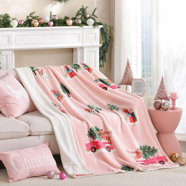 Christmas Throw Blanket 50x60 - Cozy Fluffy Sherpa Fleece Blanket for Couch and Bed, Soft Pink Throw Blanket