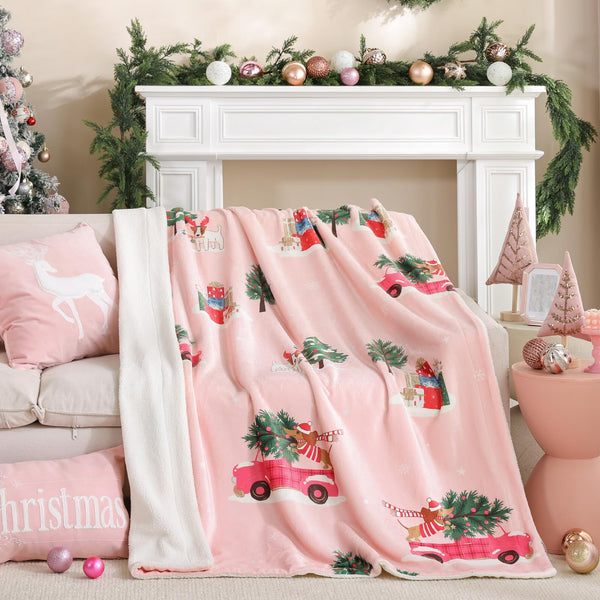 Christmas Throw Blanket 50x60 - Cozy Fluffy Sherpa Fleece Blanket for Couch and Bed, Soft Pink Throw Blanket