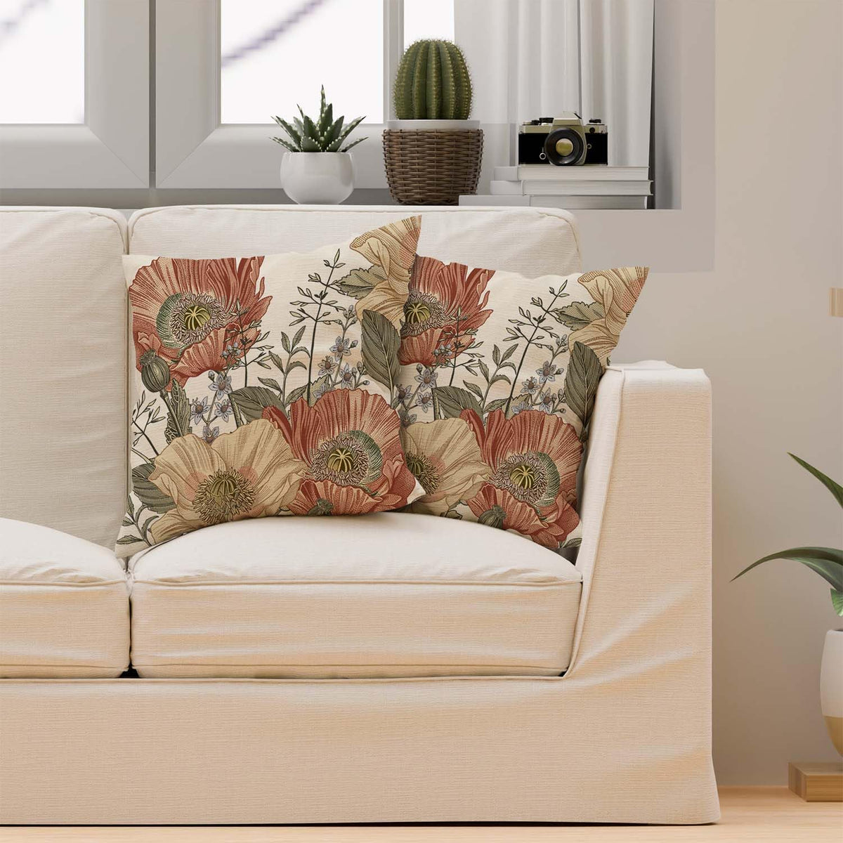 Vintage Flower Throw Pillow Covers 18x18 Brown Rust Colored Floral Botanical Pattern