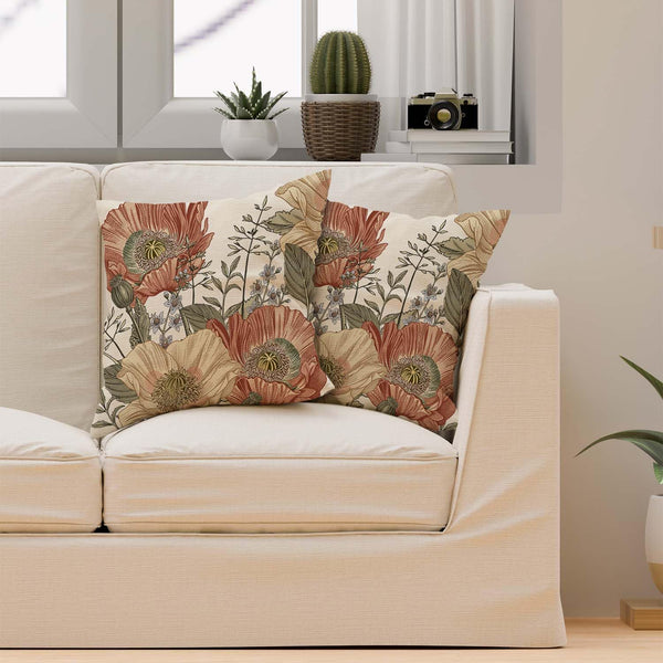 Vintage Flower Throw Pillow Covers 18x18 Brown Rust Colored Floral Botanical Pattern