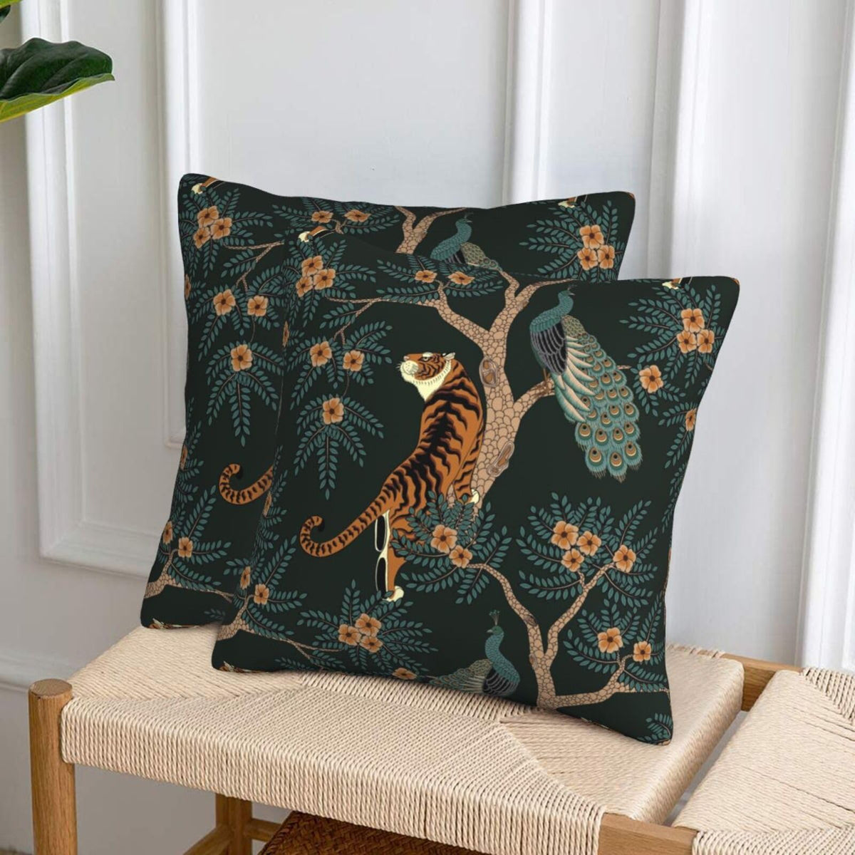 Emerald Green Tiger and Peacock Throw Pillow Cover, 18 x 18 Inch Tropical Pillow Case