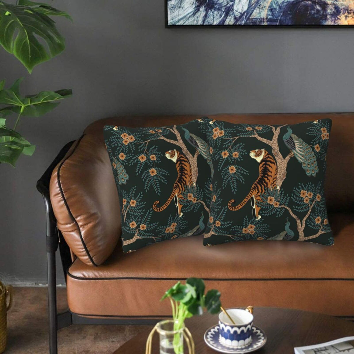 Tiger and Peacock Pillow Covers 18x18 in Couch Pillow Case Sets of 2 Modern Decorative Square