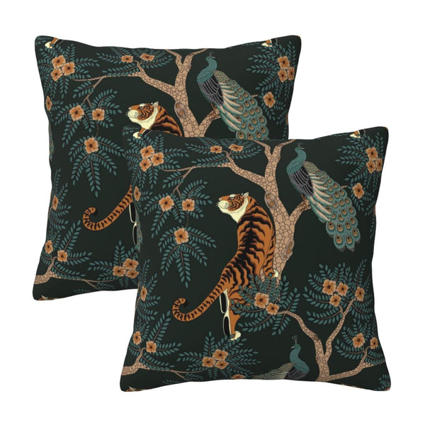 Tiger and Peacock Pillow Covers 18x18 in Couch Pillow Case Sets of 2 Modern Decorative Square