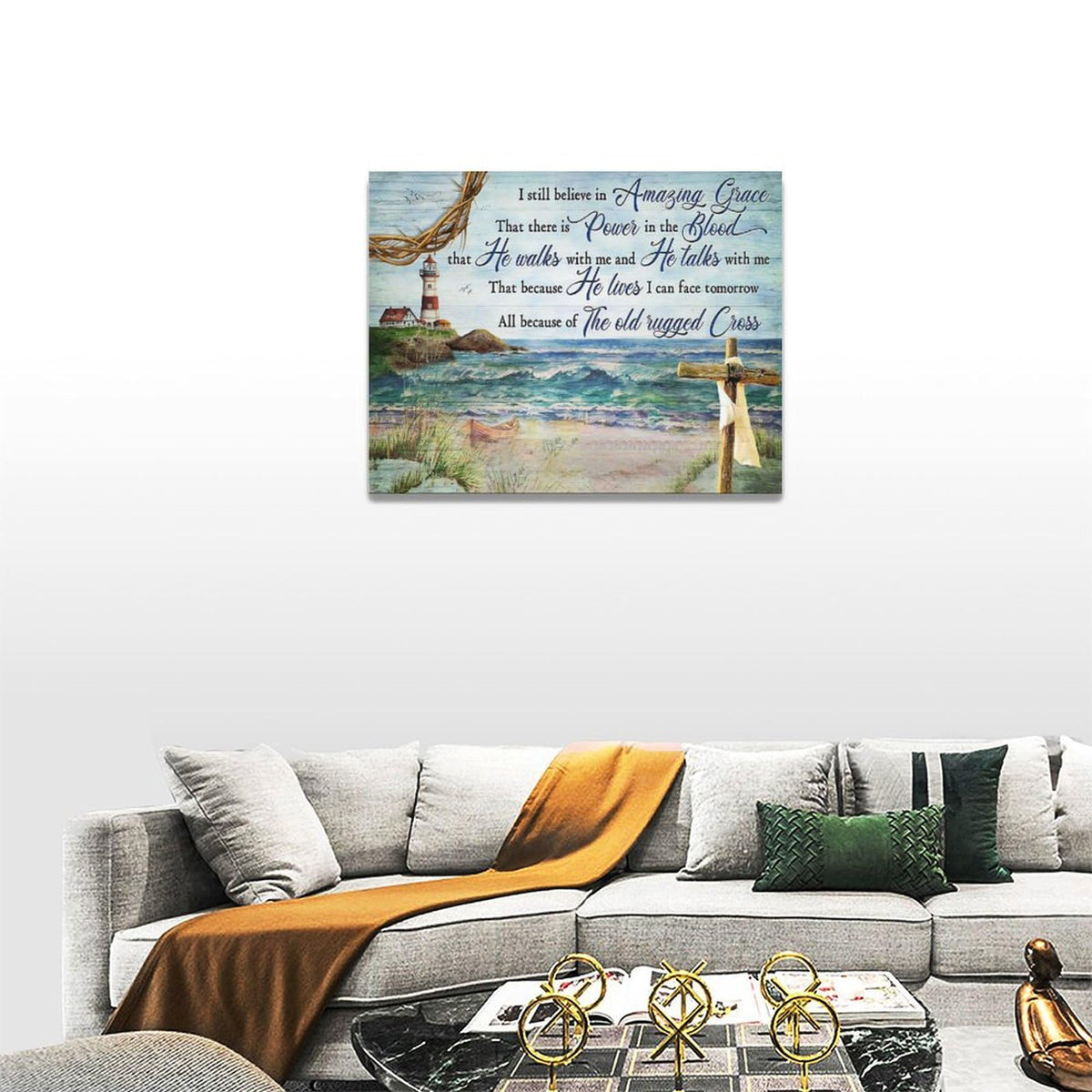 Farmhouse Lighthouse Wall Art Coastal Religious Pictures Wall Decor Christian Amazing Grace Canvas Prints
