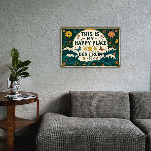 This is My Happy Place Sign – Vintage Metal Tin Wall Art 8x12 Inch – Funny Garden or Home Decor
