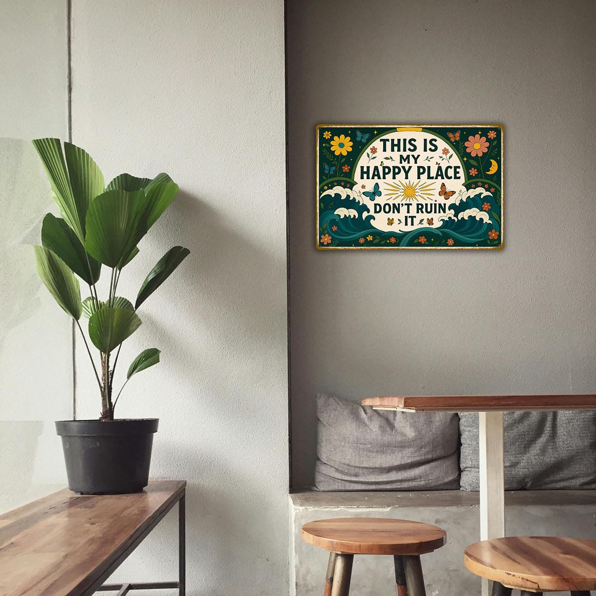 This is My Happy Place Sign – Vintage Metal Tin Wall Art 8x12 Inch – Funny Garden or Home Decor