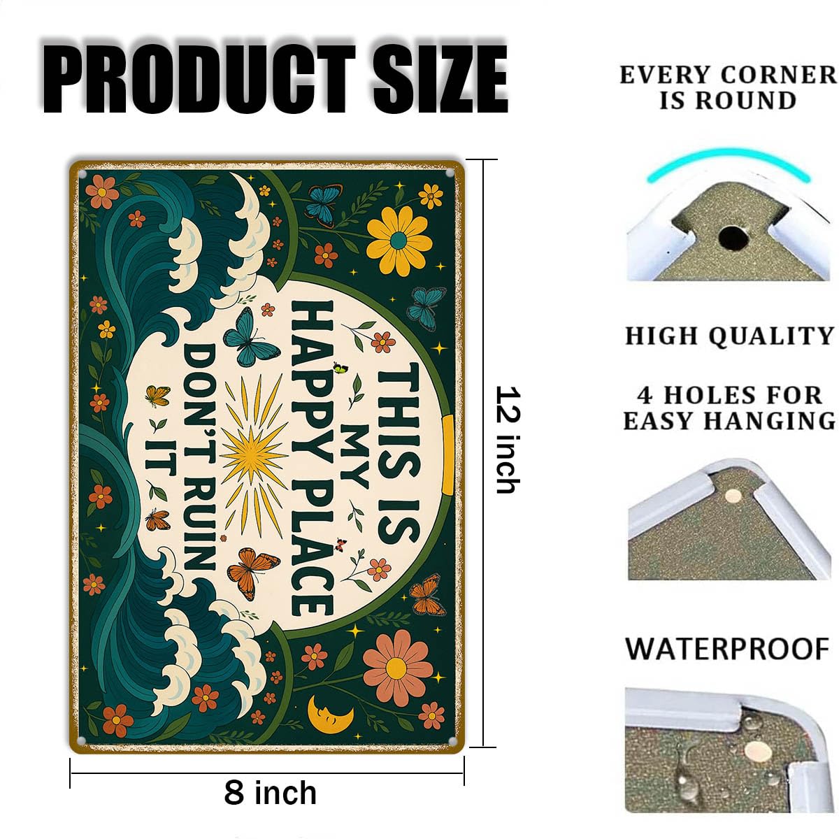 This is My Happy Place Sign – Vintage Metal Tin Wall Art 8x12 Inch – Funny Garden or Home Decor