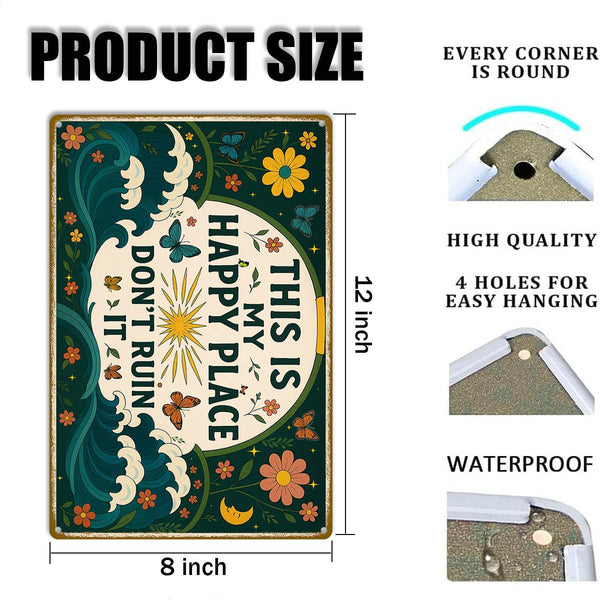 This is My Happy Place Sign – Vintage Metal Tin Wall Art 8x12 Inch – Funny Garden or Home Decor