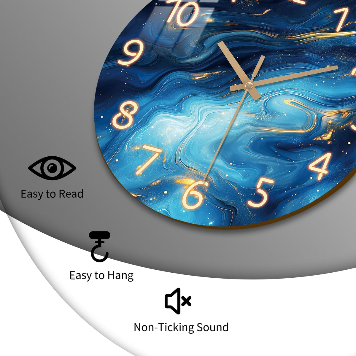 Blue Marble Wall Clock Silent Non-Ticking - Kitchen Clocks Wall Battery Operated Glass Clock