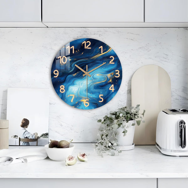 Blue Marble Wall Clock Silent Non-Ticking - Kitchen Clocks Wall Battery Operated Glass Clock