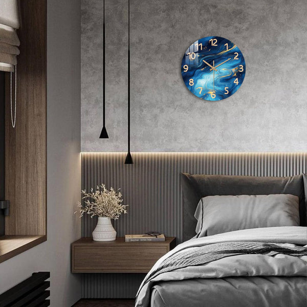 Blue Marble Wall Clock Silent Non-Ticking - Kitchen Clocks Wall Battery Operated Glass Clock