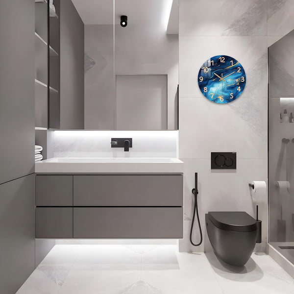 Blue Marble Wall Clock Silent Non-Ticking - Kitchen Clocks Wall Battery Operated Glass Clock