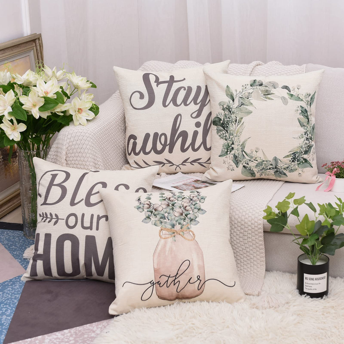 Set of 4 Decorative Spring Wreath Pillow Covers 18 x 18 - Summer Floral Leaves Bless Home