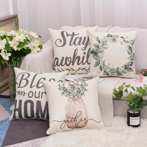 Set of 4 Decorative Spring Wreath Pillow Covers 18 x 18 - Summer Floral Leaves Bless Home