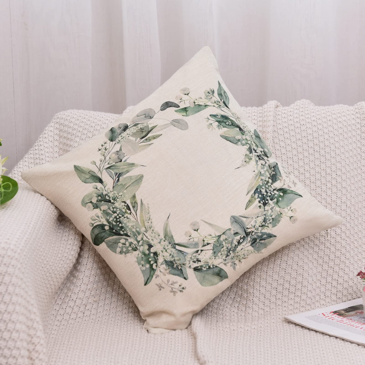 Set of 4 Decorative Spring Wreath Pillow Covers 18 x 18 - Summer Floral Leaves Bless Home