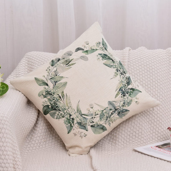 Set of 4 Decorative Spring Wreath Pillow Covers 18 x 18 - Summer Floral Leaves Bless Home