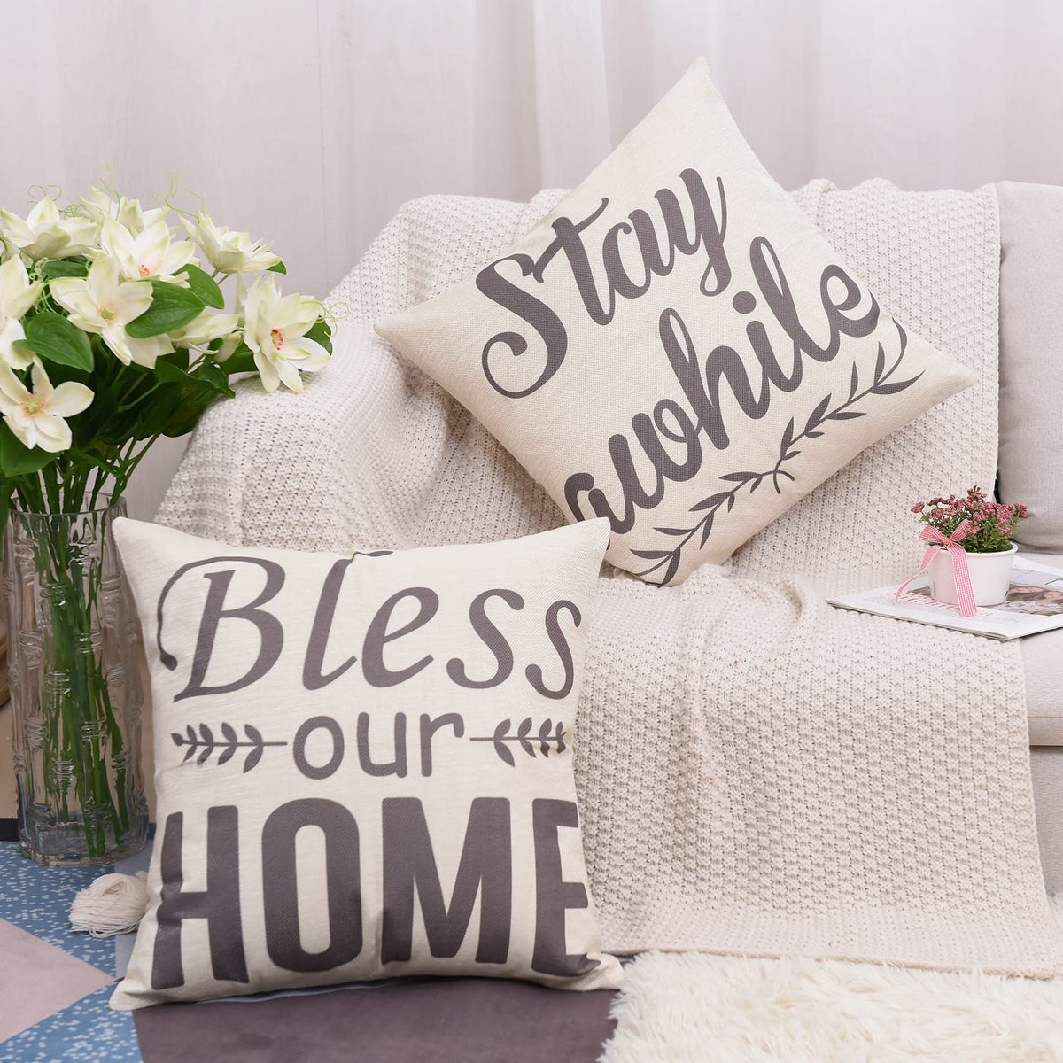 Set of 4 Decorative Spring Wreath Pillow Covers 18 x 18 - Summer Floral Leaves Bless Home
