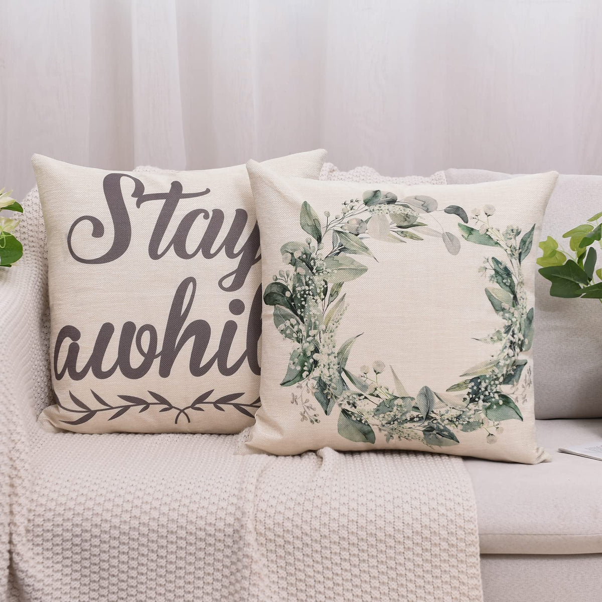 Set of 4 Decorative Spring Wreath Pillow Covers 18 x 18 - Summer Floral Leaves Bless Home