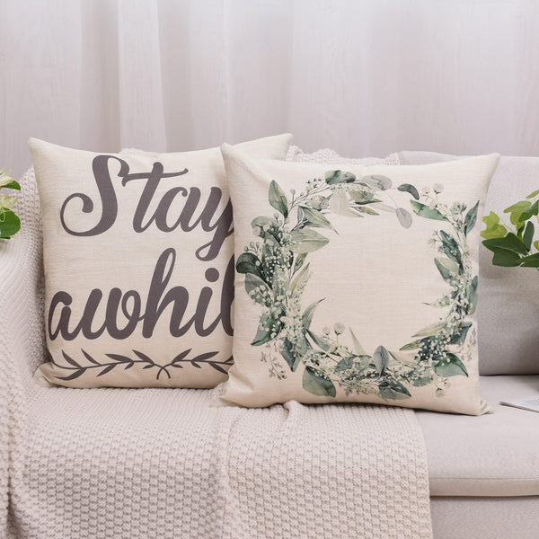 Set of 4 Decorative Spring Wreath Pillow Covers 18 x 18 - Summer Floral Leaves Bless Home