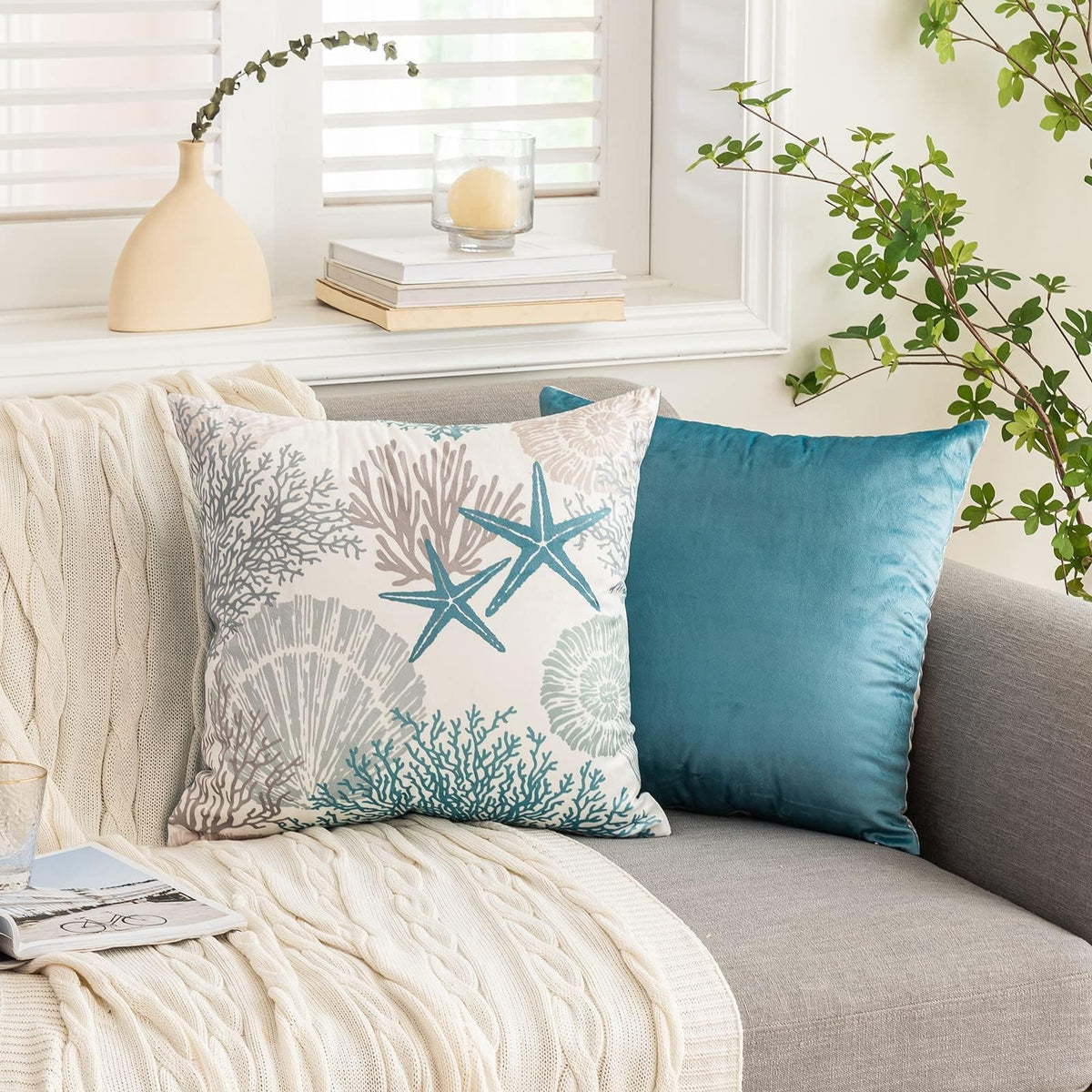 Nautical Coastal Blue Throw Pillow Covers 18x18 Set of 2 Beach Themed Ocean Seashell Coral Starfish Velvet