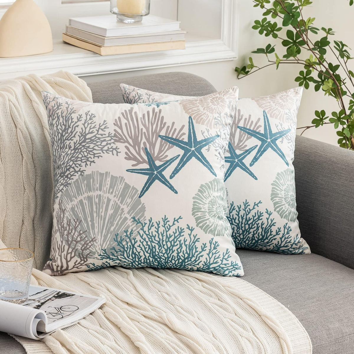 Nautical Coastal Throw Pillow Covers 18x18 Set of 2 Beach Themed Ocean Seashell Coral Starfish Velvet