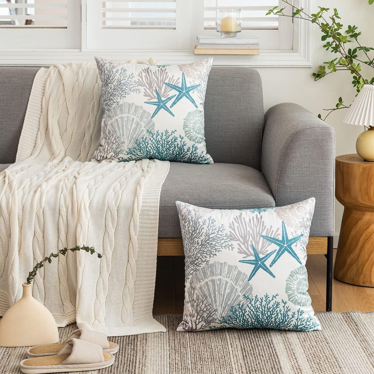 Nautical Coastal Throw Pillow Covers 18x18 Set of 2 Beach Themed Ocean Seashell Coral Starfish