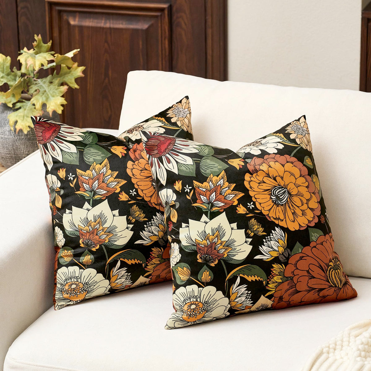 Black Boho Floral Velvet Throw Pillow Covers 18x18 Inch Set of 2 Farmhouse Vintage Cushion Covers