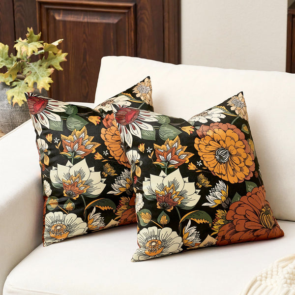 Black Boho Floral Velvet Throw Pillow Covers 18x18 Inch Set of 2 Farmhouse Vintage Cushion Covers