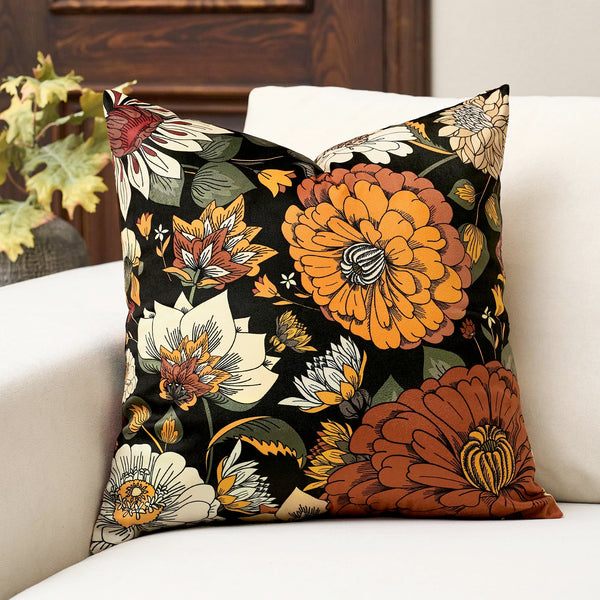 Black Boho Floral Velvet Throw Pillow Covers 18x18 Inch Set of 2 Farmhouse Vintage Cushion Covers