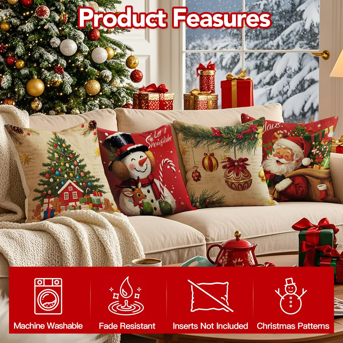 Christmas Pillow Covers 18x18 inch Set of 4, Christmas Decorations Cushion Covers